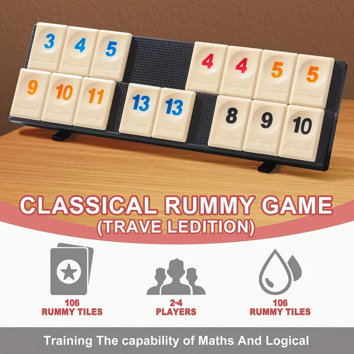 106 Rummy Tiles Numbered Mahjong Set, with 4 Racks, Zipper Storage , Deluxe Portable Travel Game Set, Suitable for Holiday Party