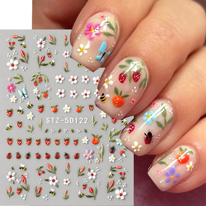 5D Embossed Kawaii Ladybug Sliders Spring White Daisy Flowers Nail Stickers DIY Simple Petals Wedding Nails Decals Accesories
