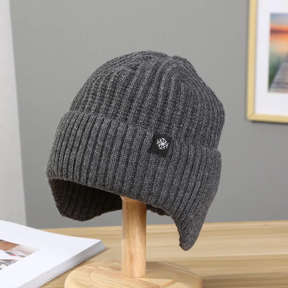 Men Winter Knitted Hat Plush Warmth Peaked Cap Outdoor Earmuff Casual Fashion Faux Fur Lined Hooded Hats Cycling Ear Protection