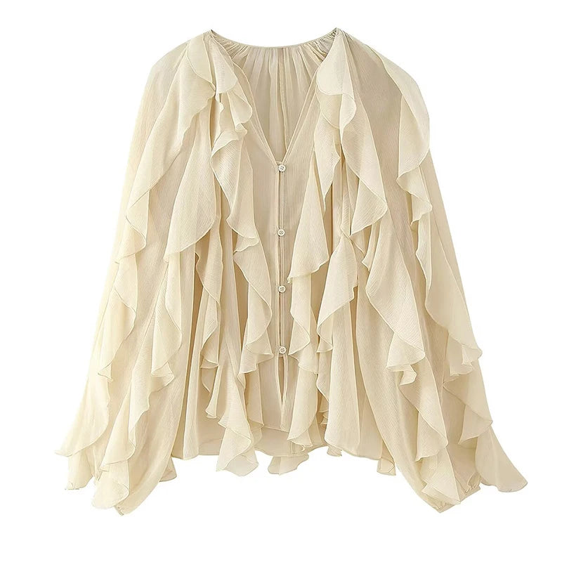 YENKYE New 2025 Women Sexy Semi-sheer Ruffle Shirt Long Sleeve V Neck Front Button Autumn Blouse Burgundy Blusas Mujer
