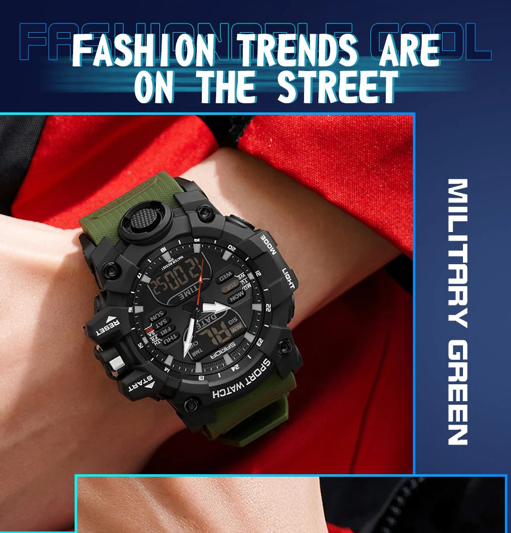 SANDA Outdoor Sports Military Mens Watch LED Digital Electron Quartz Male Wristwatch Dual Display Clock Men Relogio Masculino