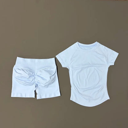 2 Pieces HISTELLO Sports Sets Short Sleeve Seamless Yoga Top Fitness Set Women Workout Running Sports Shorts Gym Suit