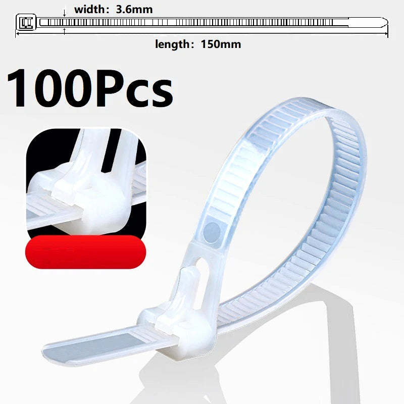 100 Reusable Cable Ties, Cable Lock Loop Nylon Ties Removable, Recyclable, Mixed Colours, Black, White