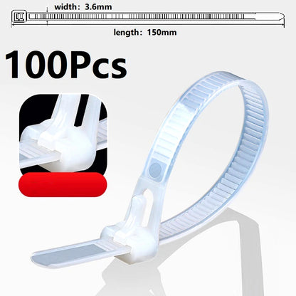 100 Reusable Cable Ties, Cable Lock Loop Nylon Ties Removable, Recyclable, Mixed Colours, Black, White
