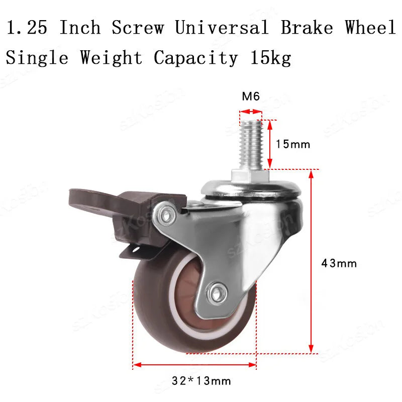 4 Pcs 1.25 Inch Stem Caster Wheels TPR Screw Lever Universal Castors Swivel Stem Wheels with M6 Thread Rods for Carts Furniture