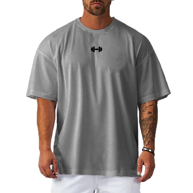 Oversized Loose Short Sleeve Quick Dry Shirt Gym Bodybuilding Breathable Cool Mesh Clothing Mens Fitness Workout Muscle T-shirts