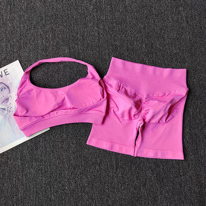 2 Pieces Yoga Suit for Women Seamless Fitness Gym Clothes Halter Sports Bra Matching Shorts Workout Sets Gym Set Outfit