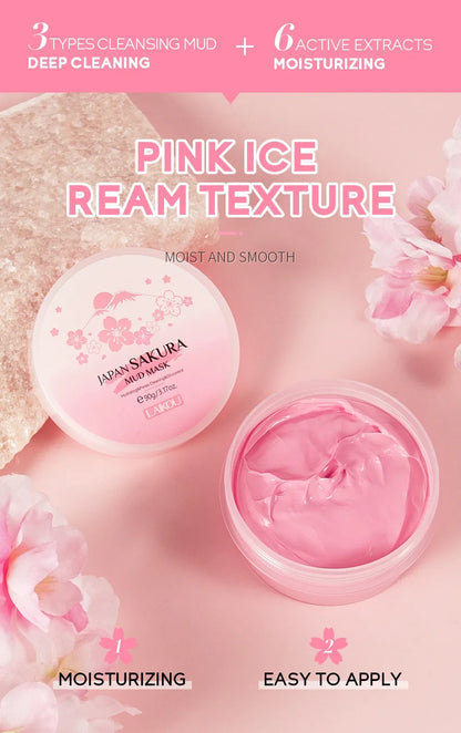 Laikou Sakura Mud Mask Deep Cleansing Oil Control Balance Antioxidan Shrink Pores Remove Blackheads Refreshing Facial Mask90/25g