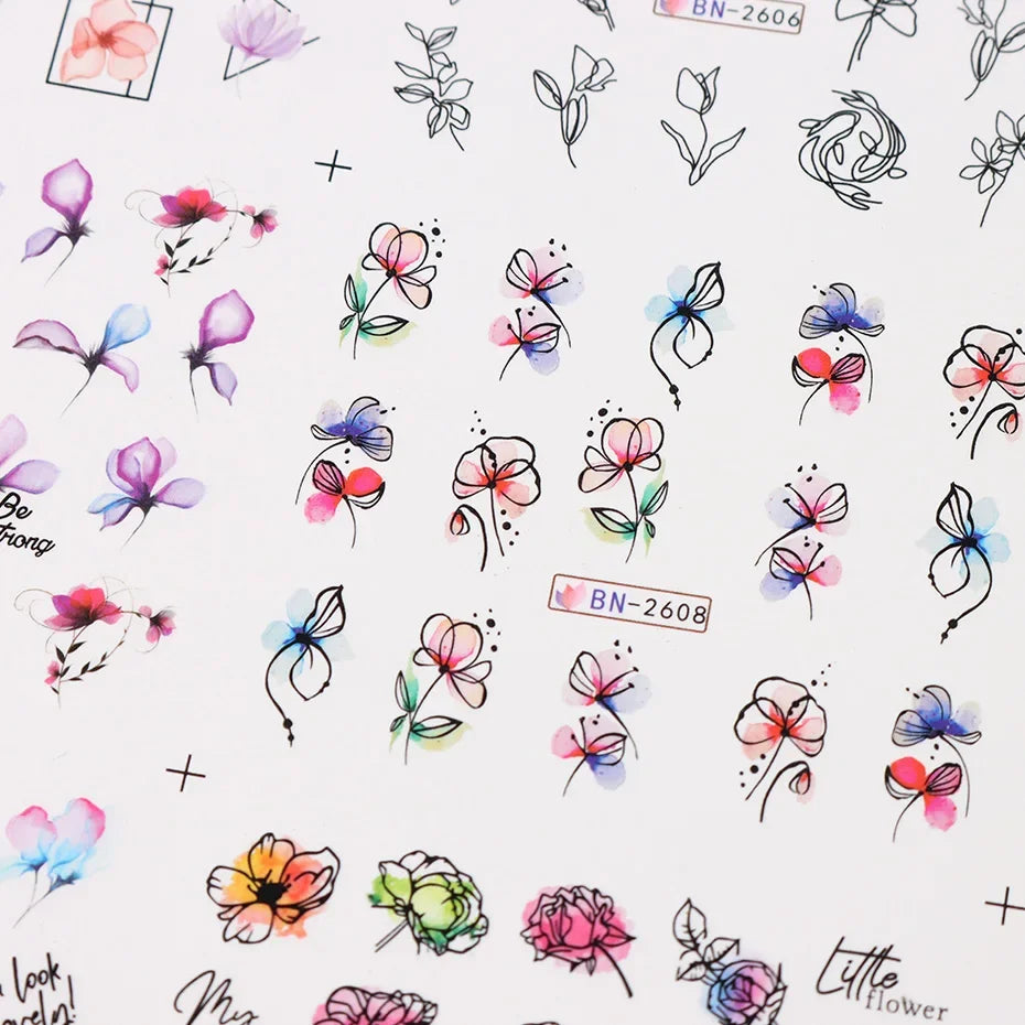 12 Pcs Summer Ink Blooming Flowers Nail Art Stickers, Water Decal Leaves Graffiti Slider Nail Decoration