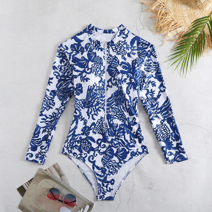 2025 New Swimwear Women Print Floral One Piece Swimsuit Long Sleeve Bathing Suit Swimsuit Vintage Beachwear Surfing Swim Suit