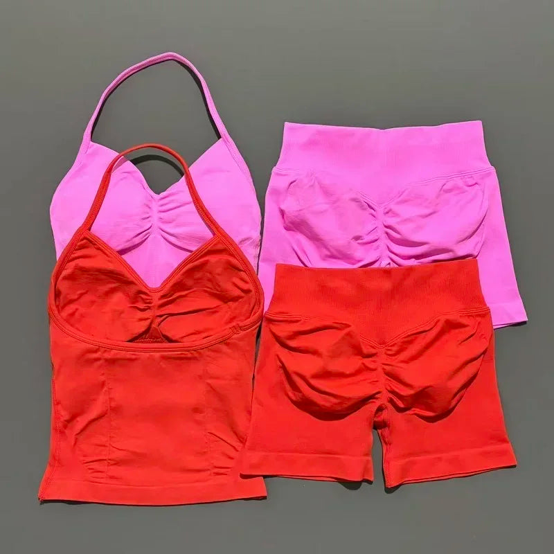 Yoga 2 Pieces Gym Set Women Backless Halter Tops High Waist Seamless Shorts Gym Suit Fitness Sports Bras Sportswear Workout Sets