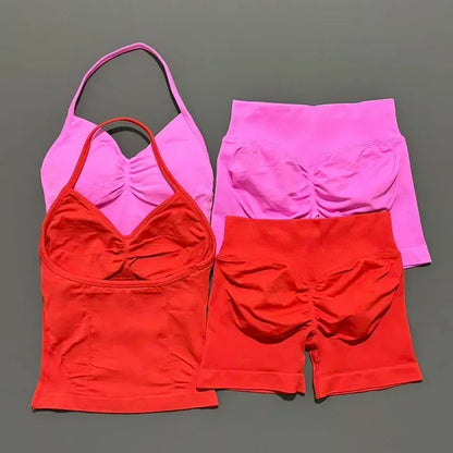 Yoga 2 Pieces Gym Set Women Backless Halter Tops High Waist Seamless Shorts Gym Suit Fitness Sports Bras Sportswear Workout Sets