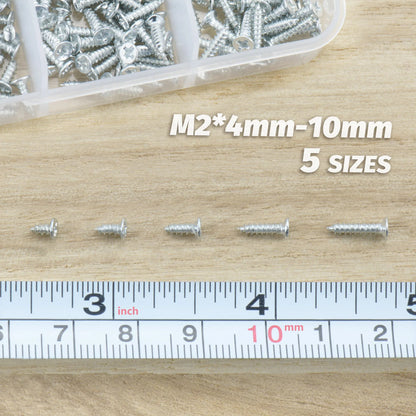 500pcs Mini M2 Self Tapping Screws Phillips Flat Head Alloy Steel Assortment Kit 5 Sizes Cross Drive DIY Set for Electronics