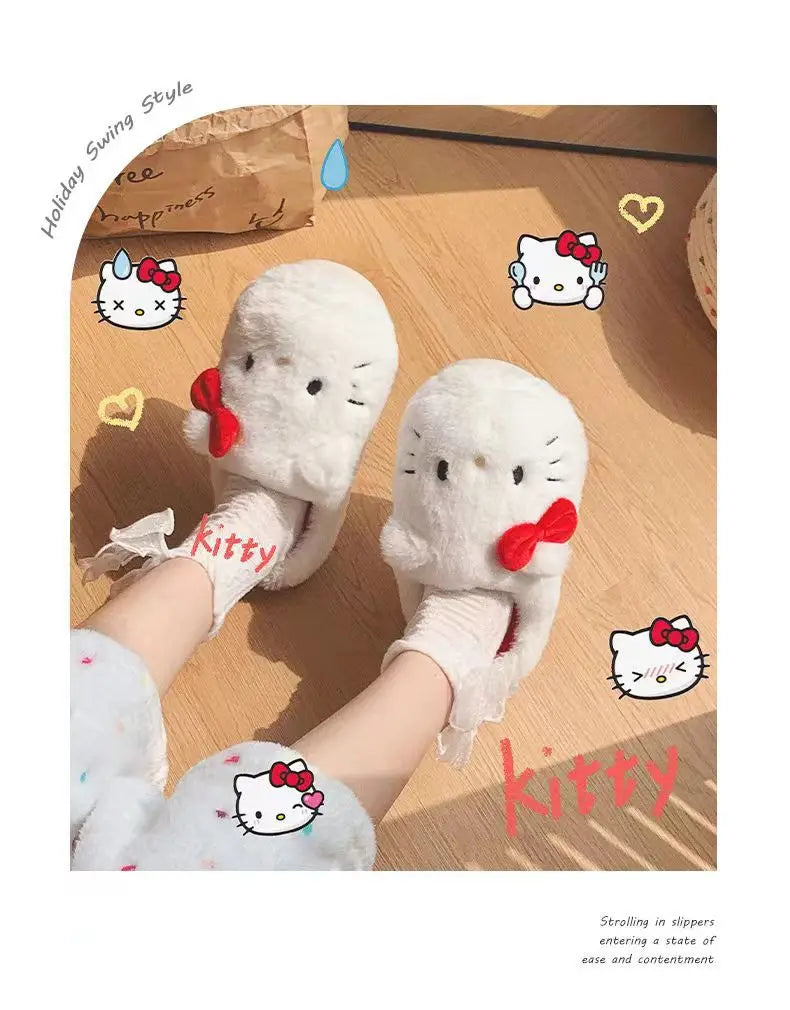Kawaii Hellokitty Anime Warm Cotton Slippers Autumn Winter Thick Anti Slip Cartoon Plush House Slippers For Girls Surprise Gifts