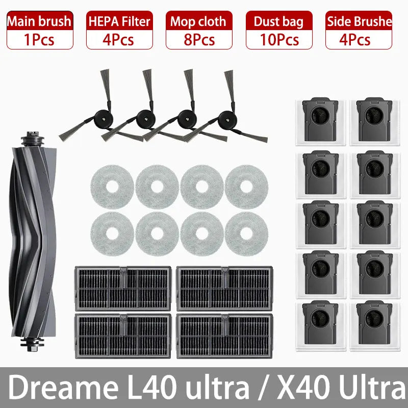 Dreame L40 Ultra / X40 Ultra Robot Vacuum Accessories Dust Bags Mop Main Side Brushes Cloths HEPA Filters Spare Parts