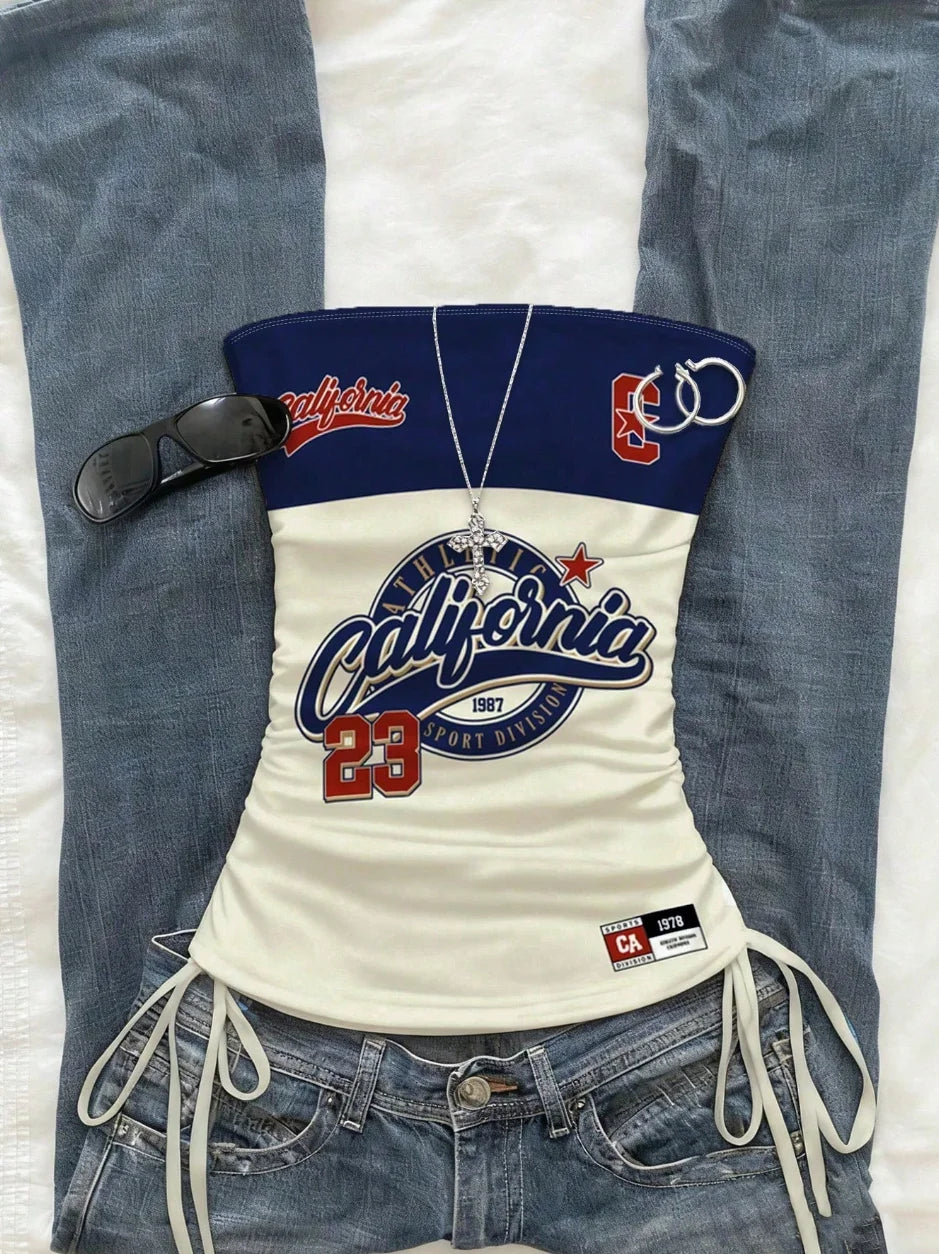 Printed Drawstring Tie-Front Crop Top