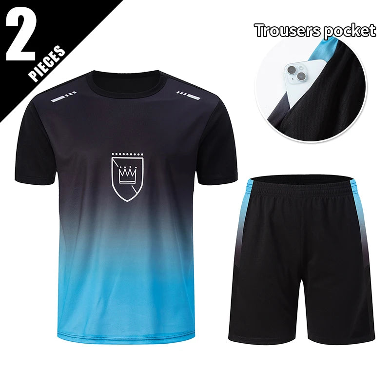 2-Piece Men's Summer Quick Drying Sports Suit Loose And Breathable Short Sleeved T-shirt Running And Fitness Black Pocket Shorts