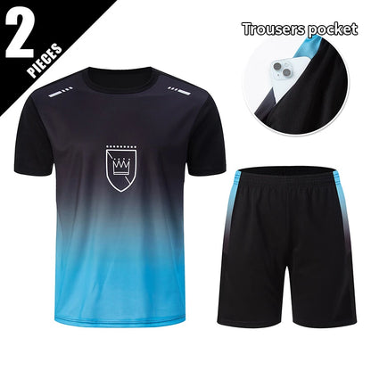 2-Piece Men's Summer Quick Drying Sports Suit Loose And Breathable Short Sleeved T-shirt Running And Fitness Black Pocket Shorts