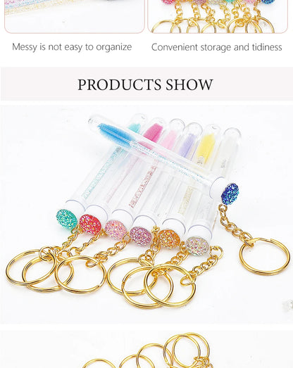 10 Pcs Tube Eyelash Brush With Gold Keychain Glitter Mascara Wand For Women Lash Extension Micro Comb Container Makeup Tools