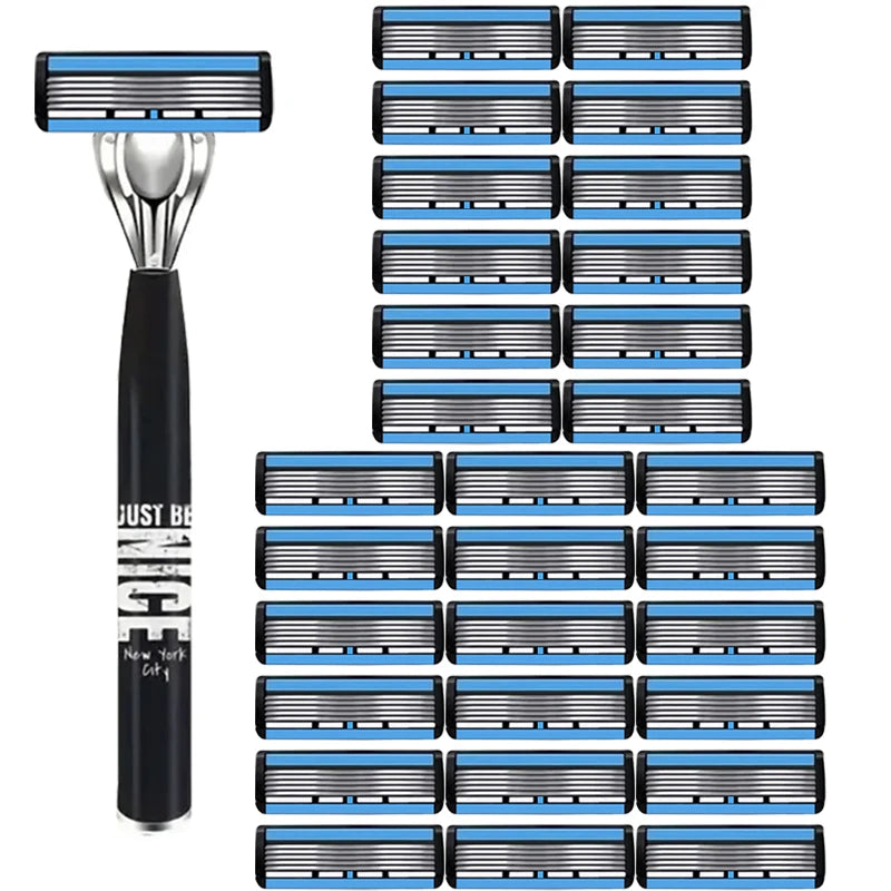 Men's 6-Blade Manual Razor with Non-Slip Handle and Multiple Replacement Blades - Ideal for Trimming Beards and Mustaches
