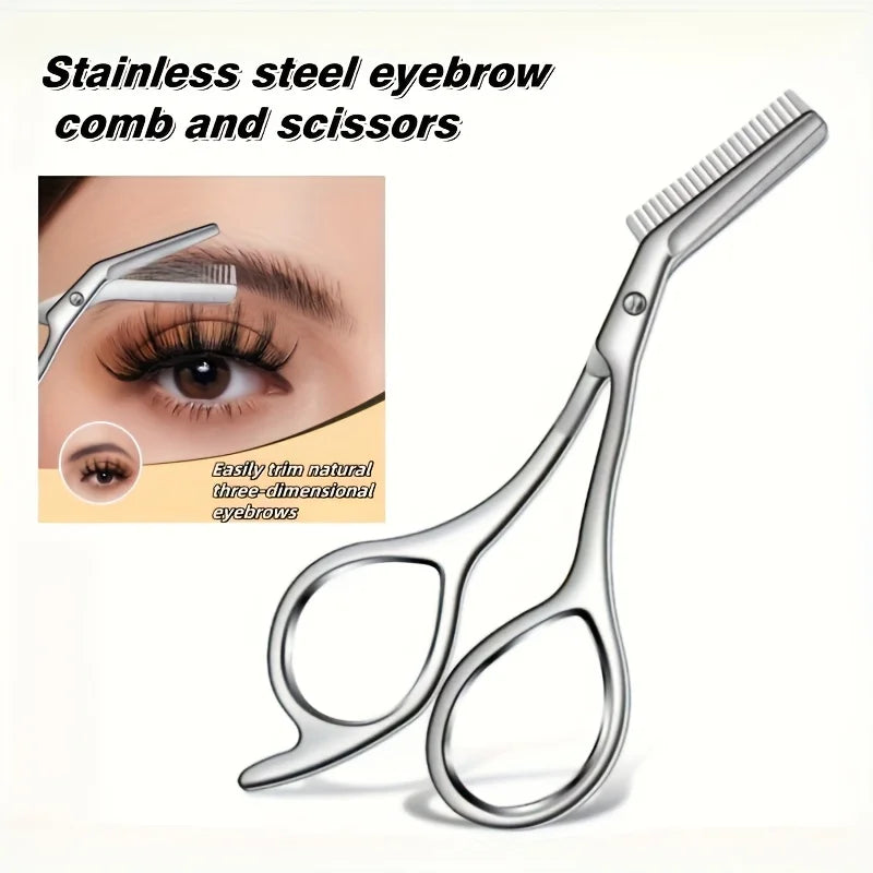 Professional Stainless Steel Eyebrow Scissors with Comb Teeth and Tweezers-Style Tip Heavy-Duty Sharp Blades Serrated Edge