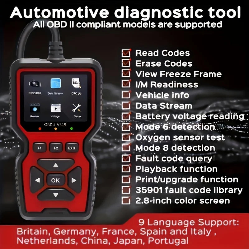 V519 Professional Obd2 Scanner - Usb-Powered Automotive Diagnostic Tool with Real-Time Data Stream, Full-Featured Obd Ii Testing (I/M Ready, Bod2/Eobd), Clears Engine Fault Lights, Reads/Erases Codes for Most Vehicles, Automo