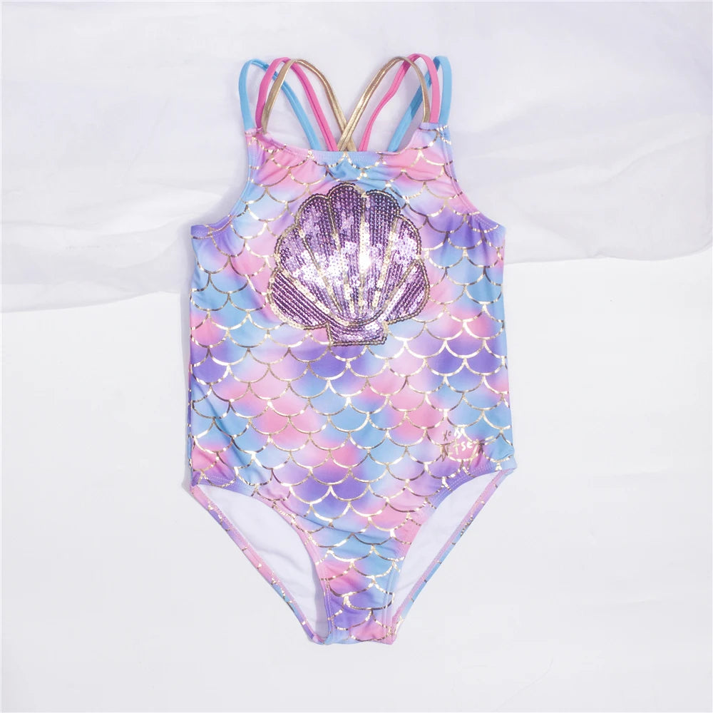 Fishscale Bandage Girls Kids Swimsuit 2026 Shell Shape Embroidery Children Girls One Piece Swimwear Beach Wear Monokini