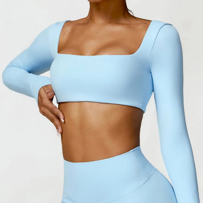 Hearuisavy Summer Casual Quick Dry Sportswear Women Square Neck Gym Top Women Fitness Sports Crop Top Long Sleeve Yoga Clothing