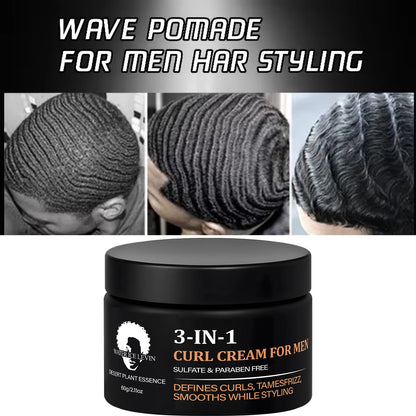 3-in-1 Curl Cream for Men, Sulfate & Paraben Free, Defines Curls & Tames Frizz, Smooth Styling Cream.