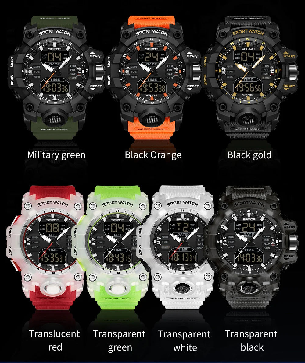 SANDA Outdoor Sports Military Mens Watch LED Digital Electron Quartz Male Wristwatch Dual Display Clock Men Relogio Masculino