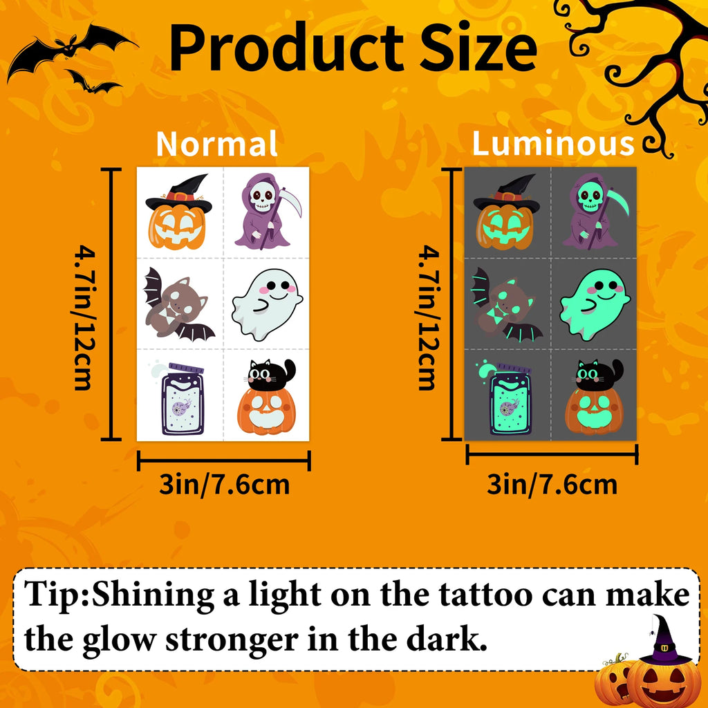 Glow-in-the-Dark Halloween Temporary Tattoos, with a variety of patterns, are suitable as party decorations and gifts，36 sheets