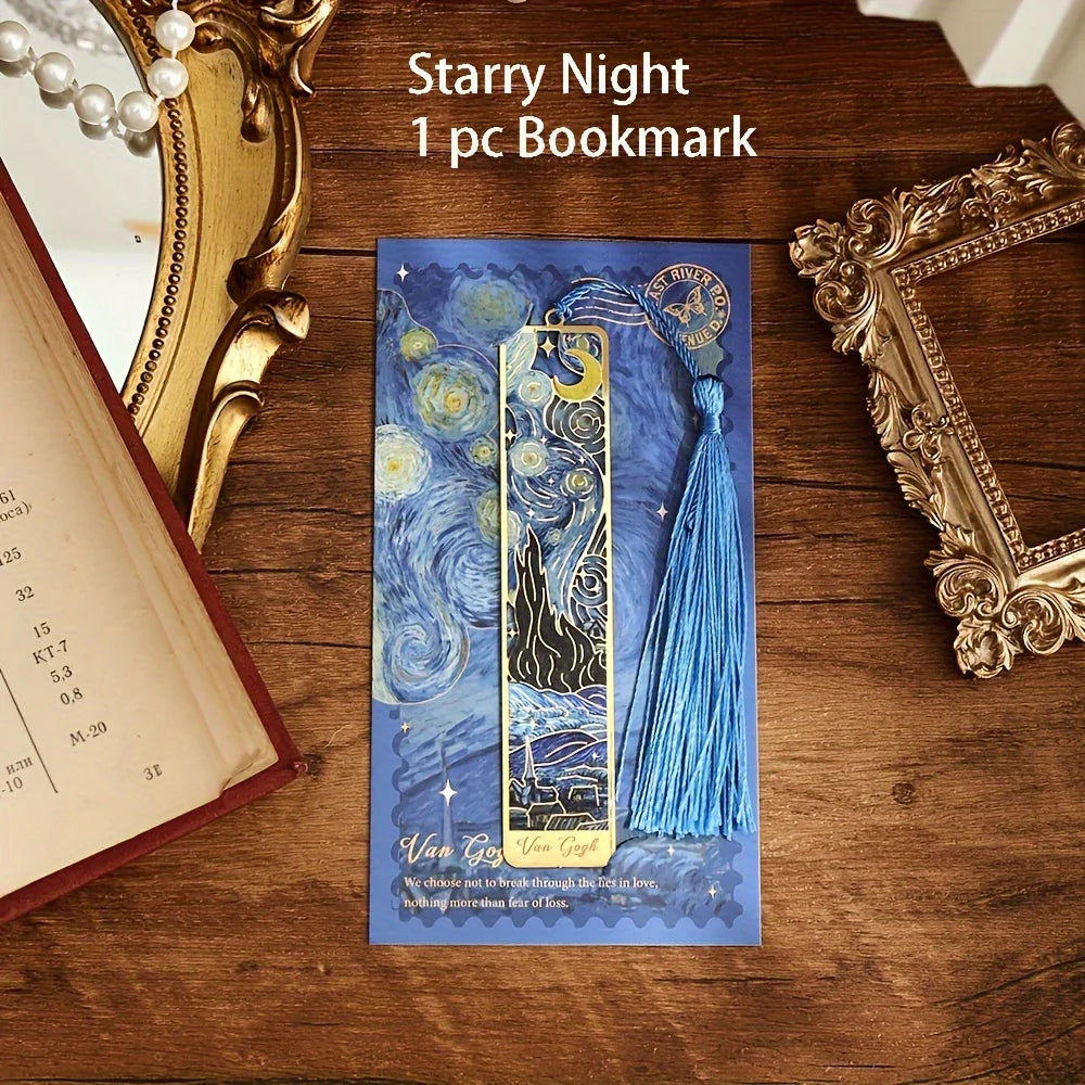 Vintage Oil Painting Metal Bookmarks - Hollow Hot Stamping Long Tassel Bookmarks - Stationery Gifts for Book Clubs, Book Lovers,
