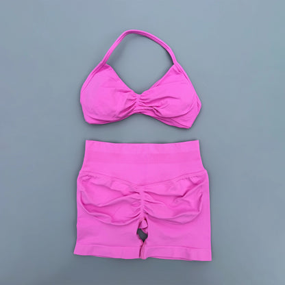 2 Piece Sports Gym Set Strappy Bra Yoga Underwear Short Sport Leggings Bicycle Running Sportswear Woman Seamless Yoga Set