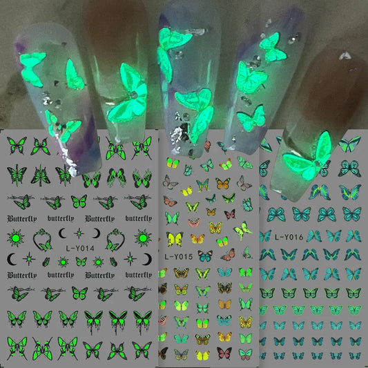 3pcs Luminous Butterfly Nail Decal Stickers Colorful Blue Butterfly Series Design Glow In The Dark Night Polish Sliders Manicure