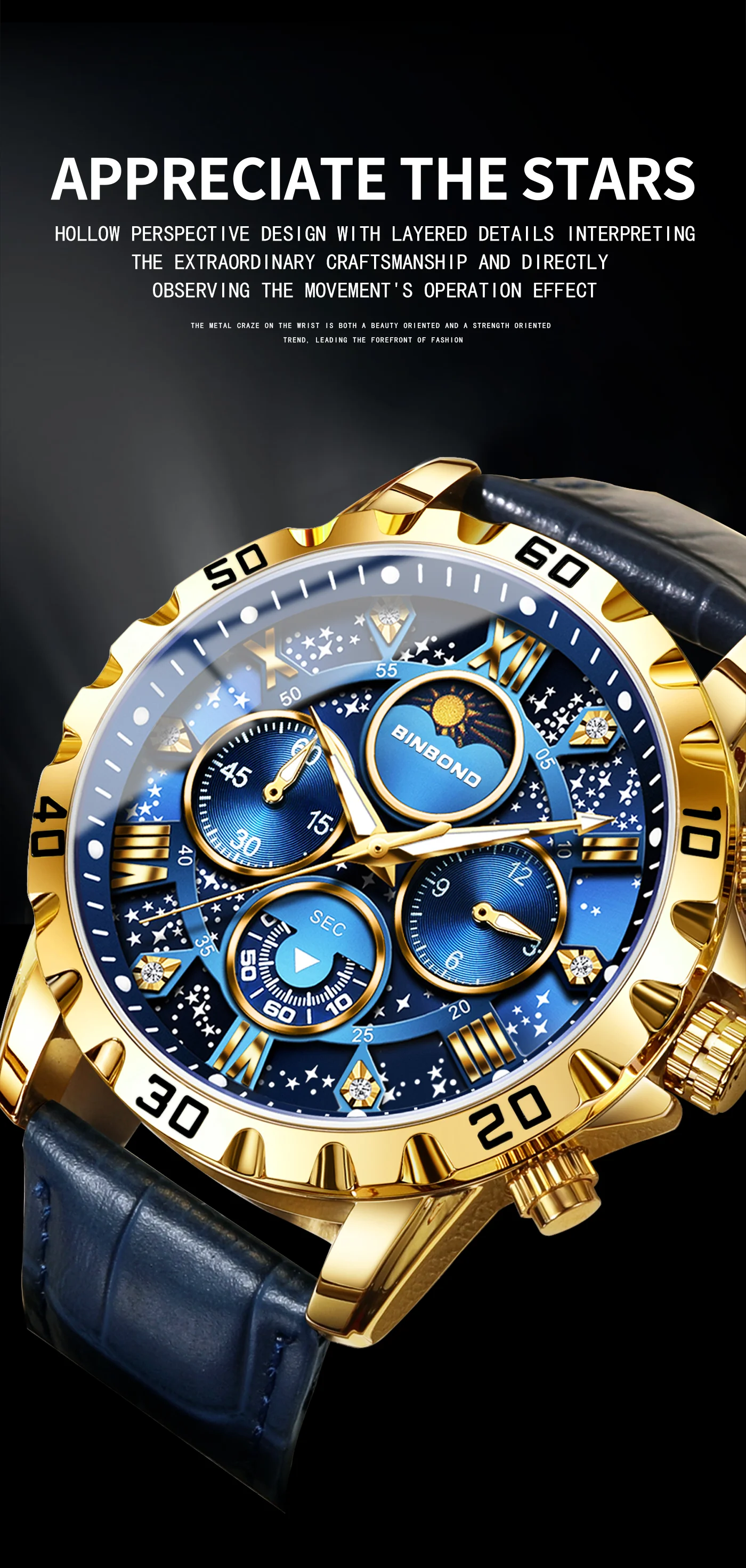 BINBOND Genuine accurate quartz wristwatches for men luxury luminous waterproof chronograph leather strap men's watch reloj