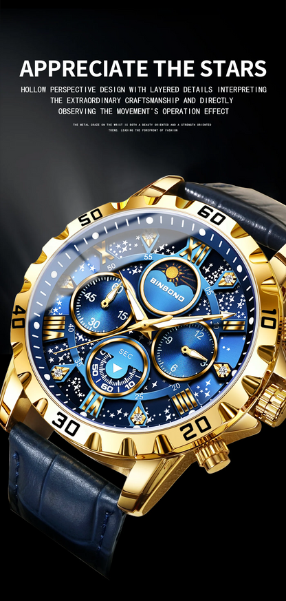 BINBOND Genuine accurate quartz wristwatches for men luxury luminous waterproof chronograph leather strap men's watch reloj