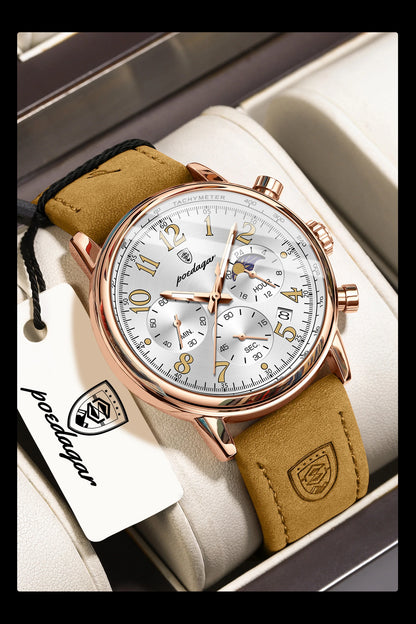 POEDAGAR Luxury Sports Men Watch Waterproof Luminous Leather Quartz Man Wristwatch Chronograph Date Military Men's Watches Reloj