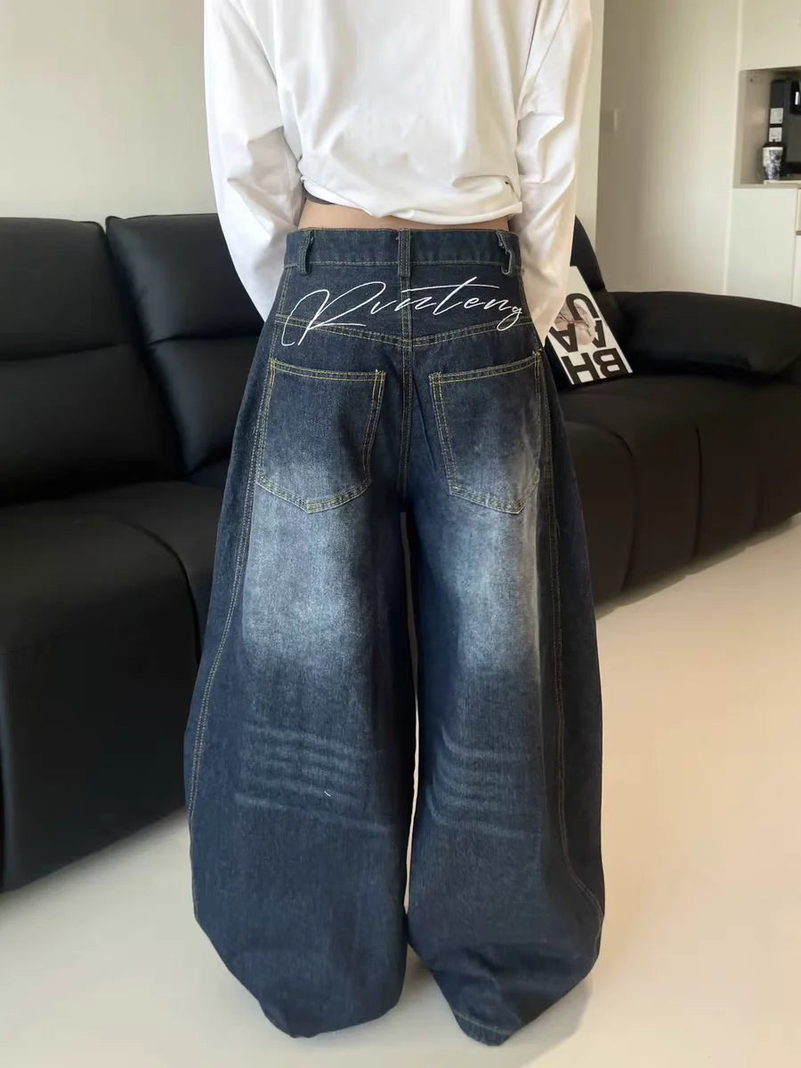 High-Waist Washed Baggy Cargo Jeans