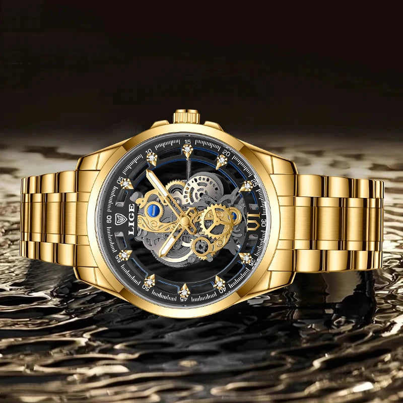 Original LIGE Men Watch Gold Stainless Steel Hollow Skeleton Quartz Watches for Men Fashion Military Waterproof Men Wristwatch