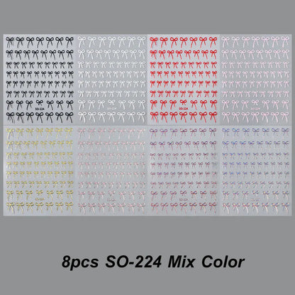 8pcs Mixed Color Bow Nail Art Stickers 3D Cute Red Black Pink Bowknot Nail Charms Foils Gold Laser Effect Bow Manicure Decor