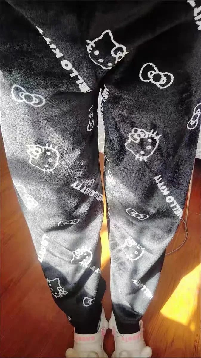 Christmas Sanrio Hello Kitty Pajamas Halloween Flannel Fashion Trouserswomen Kawaii Woolen Anime Cartoon Casual Home Pant Autumn