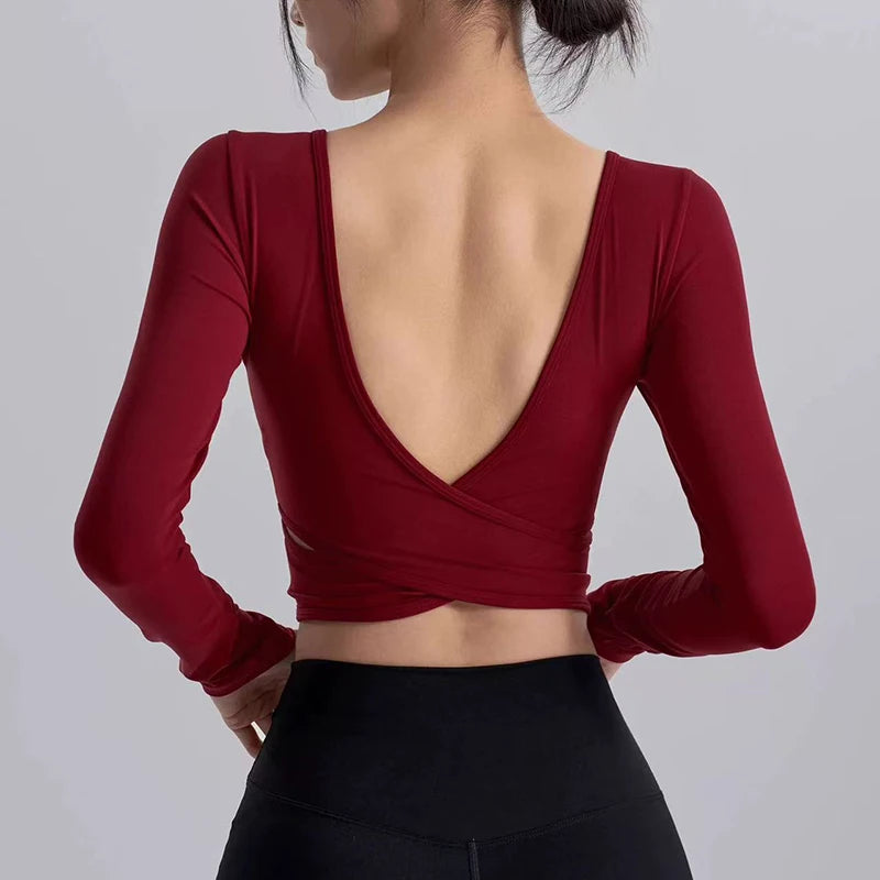 Autumn Slimming Long Sleeved Yoga Top Crossed Back with Fixed Chest Pads for Sports Running Fitness Tight Fitting Shirt