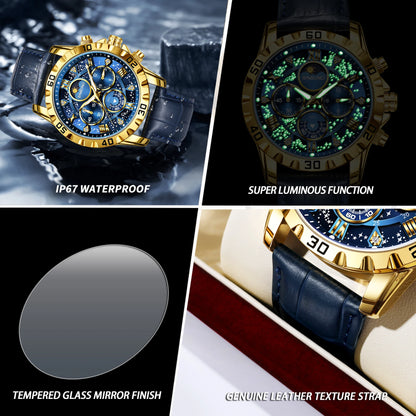 BINBOND Genuine accurate quartz wristwatches for men luxury luminous waterproof chronograph leather strap men's watch reloj