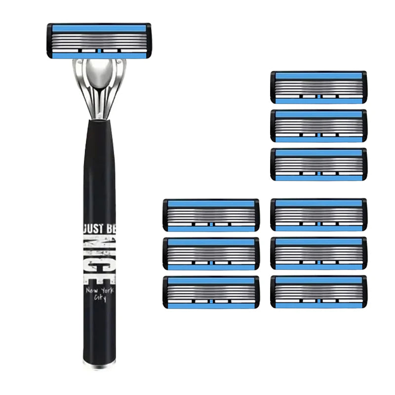Men's 6-Blade Manual Razor with Non-Slip Handle and Multiple Replacement Blades - Ideal for Trimming Beards and Mustaches