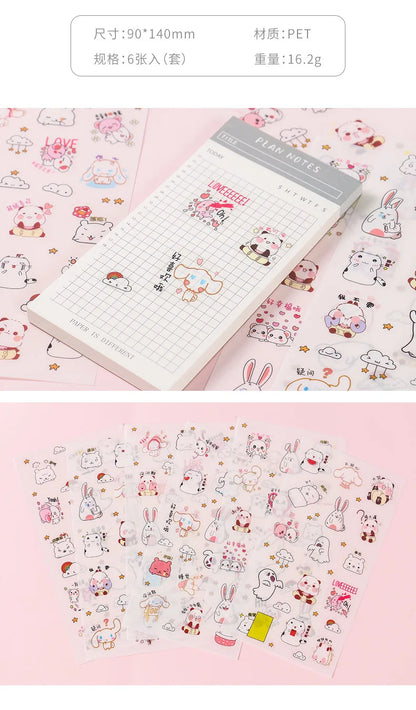 6Pcs/Lot Waterproof Cartoon Transparent Pvc Stickers DIY Hand Account Diary Decorative Stickers Kawaii Phone Cup Stickers