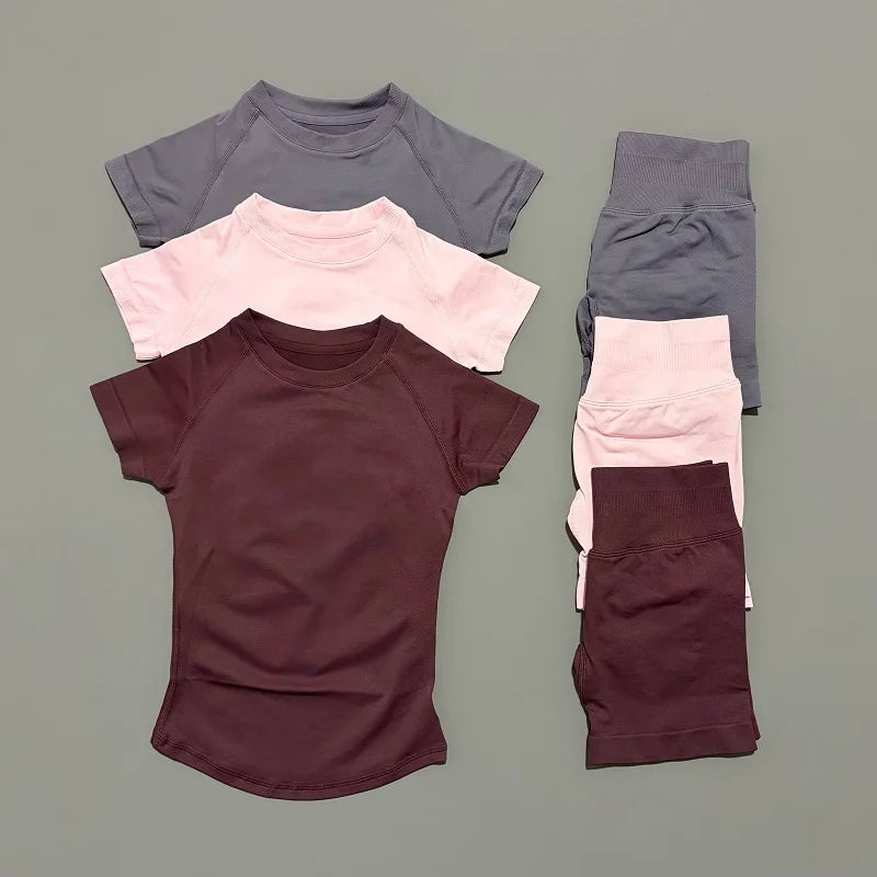 2 Pieces HISTELLO Sports Sets Short Sleeve Seamless Yoga Top Fitness Set Women Workout Running Sports Shorts Gym Suit