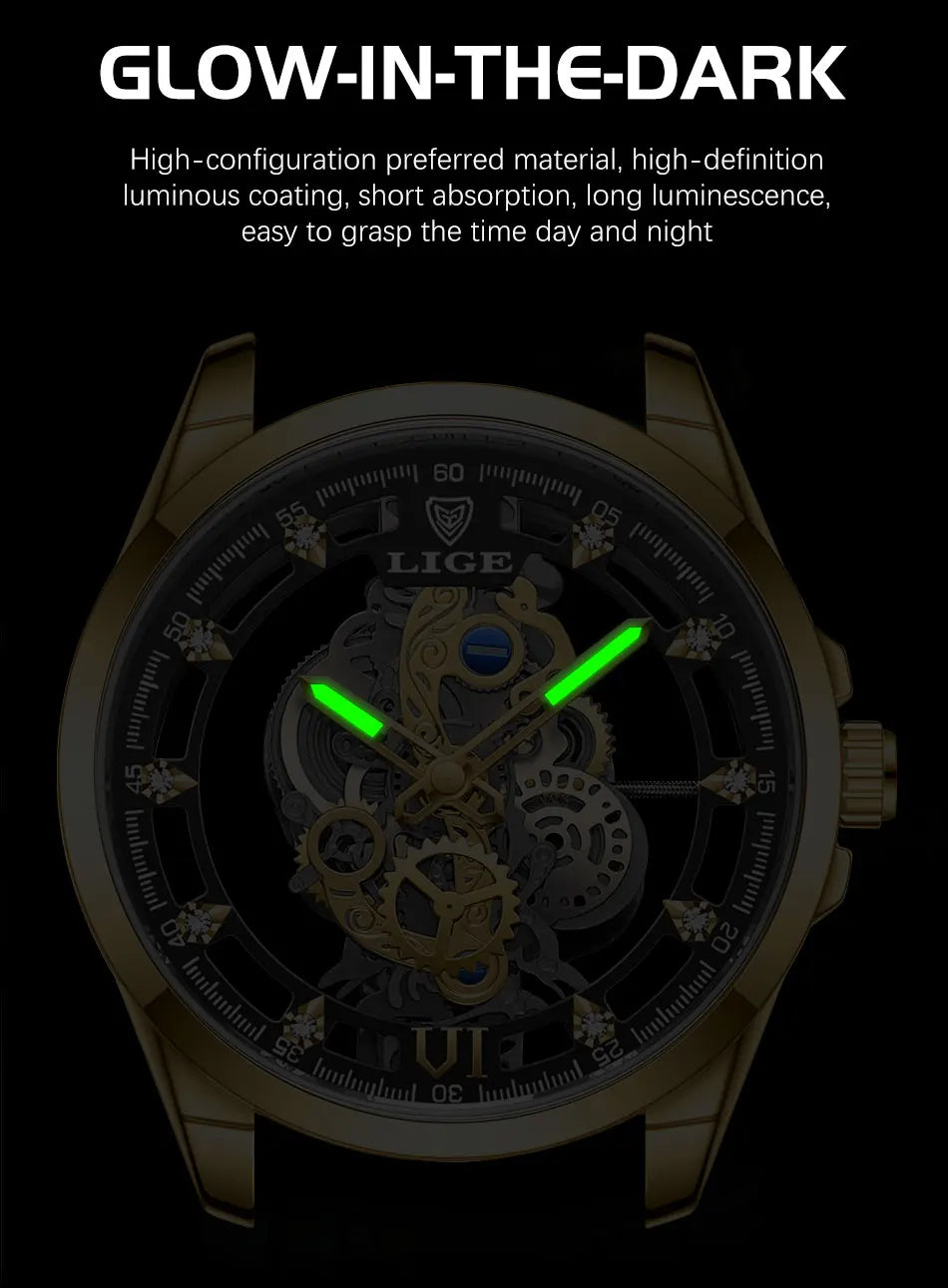Original LIGE Men Watch Gold Stainless Steel Hollow Skeleton Quartz Watches for Men Fashion Military Waterproof Men Wristwatch