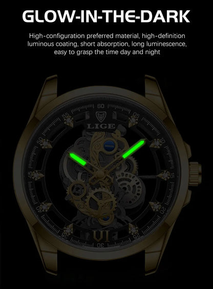 Original LIGE Men Watch Gold Stainless Steel Hollow Skeleton Quartz Watches for Men Fashion Military Waterproof Men Wristwatch