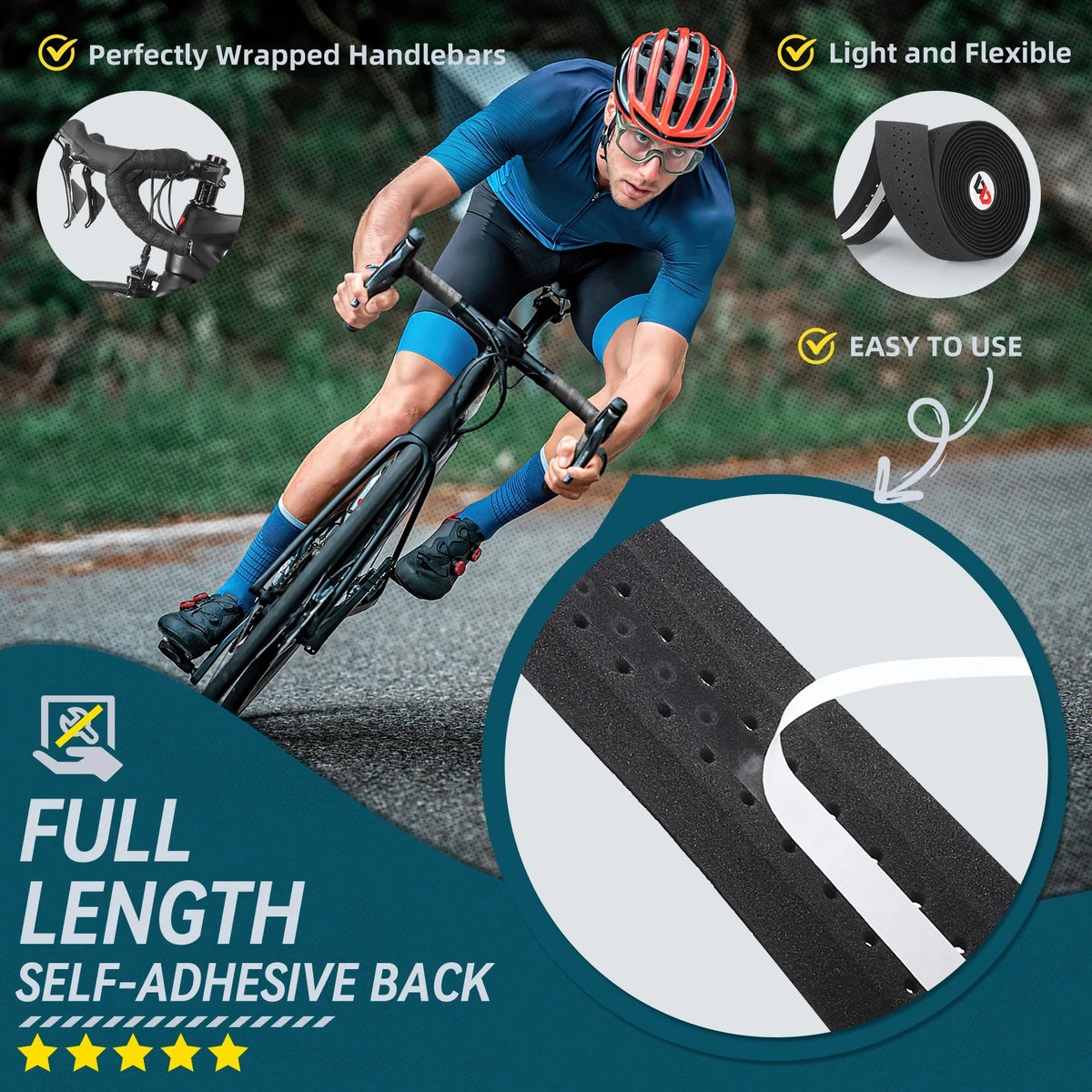 WEST BIKING EVA Bar Tape High Tenacity Handlebar Tape Adhesive Bike Handle Tape Shock Absorbing Bar Tape With Hole for Road Bike