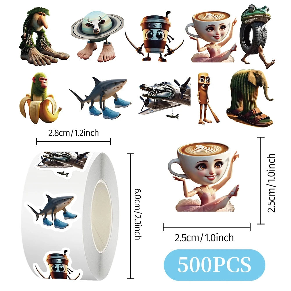 500pcs/Roll Italian Brainrot Stickers Funny AI Abstract TungTungSahur Tralalero Package Sealing DIY PVC Laptop Decals